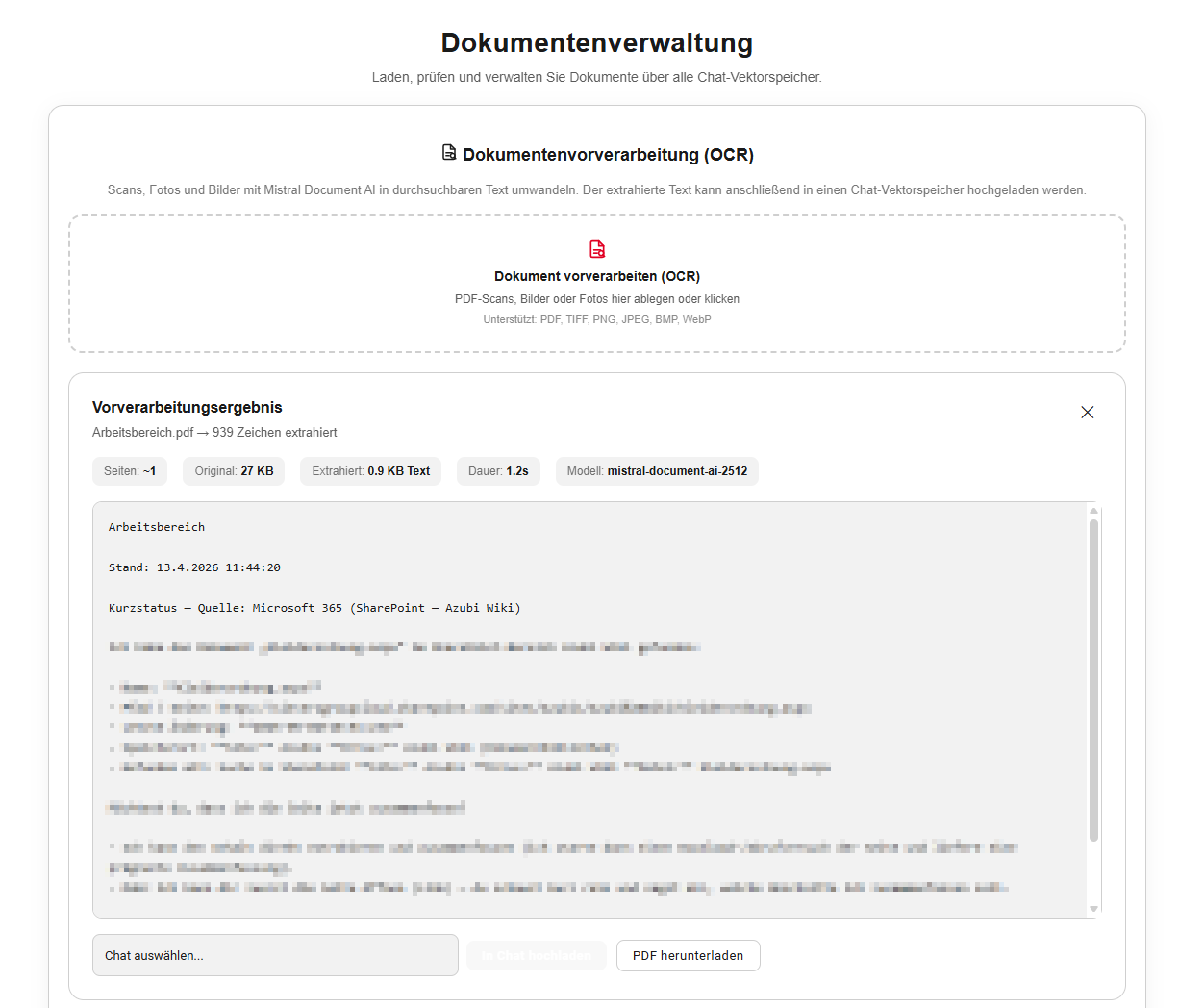 Wenn Sie ein Dokument in der Dokumentenverwaltung hochladen, sehen Sie ein Vorverarbeitungsergebnis und können das Dokument einem Chat zuweisen