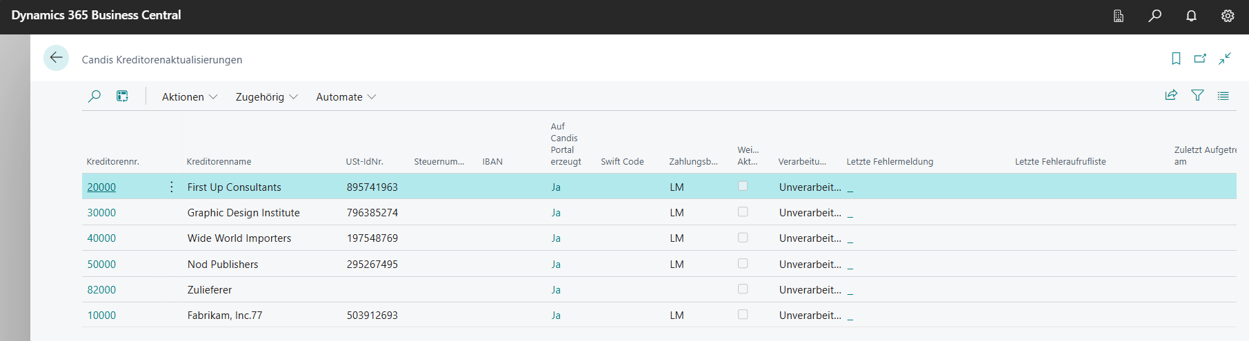 Eine der fünf Transfertabellen: Candis Kreditorenaktualisierungen