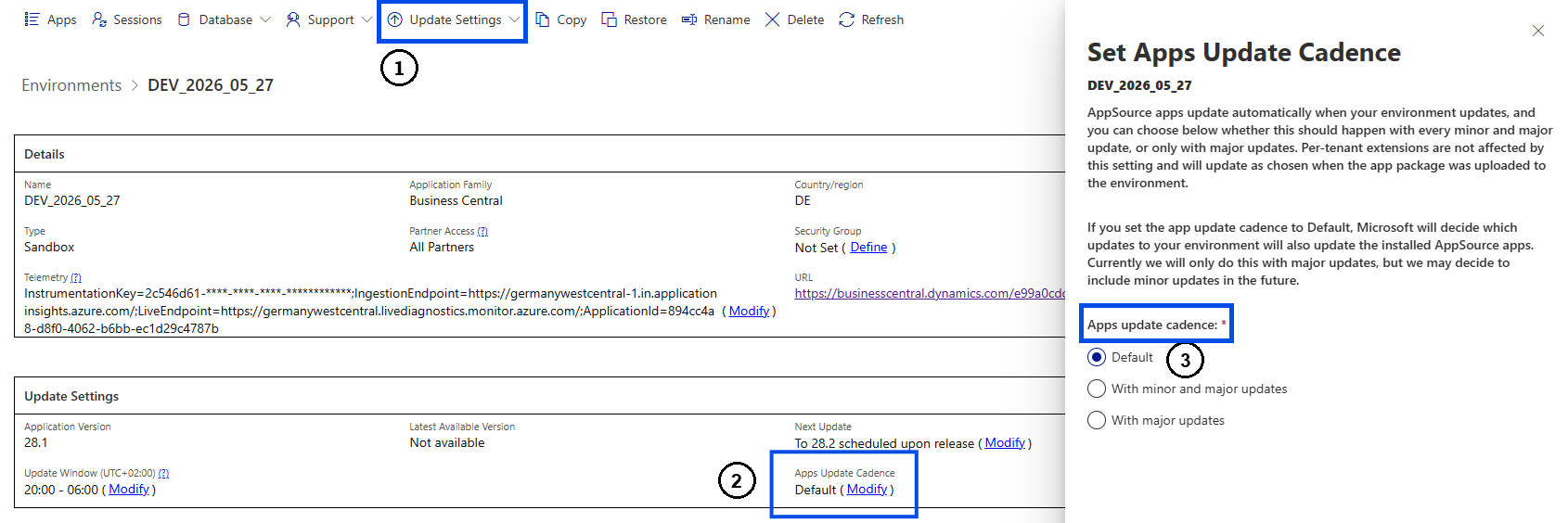 Apps Update Cadence im Business Central Admin Center