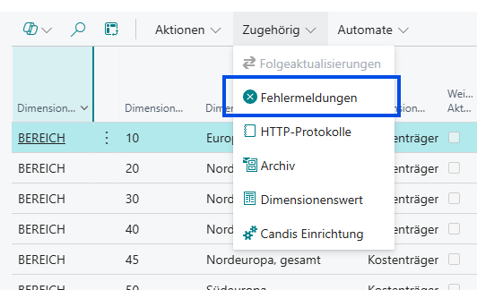Fehlermeldungshistorie eines Datensatzes