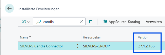 Erweiterungsverwaltung mit installiertem SIEVERS Candis Connector