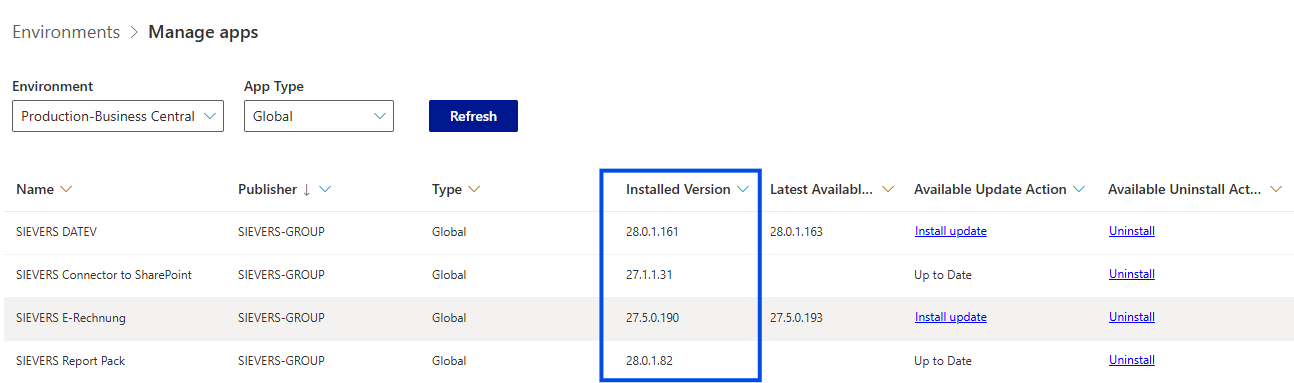 Erweiterungsübersicht im Business Central Admin Center