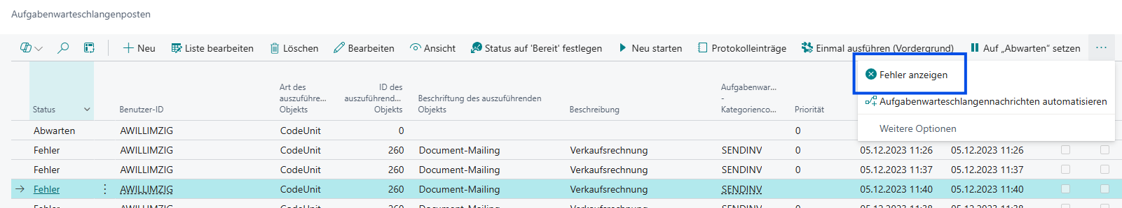 Aufgabenwarteschlangenposten mit fehlerhaftem Eintrag und Schaltfläche „Fehler anzeigen"