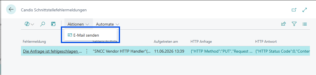 Aktion „E-Mail senden" auf der Seite Candis Schnittstellefehlermeldungen
