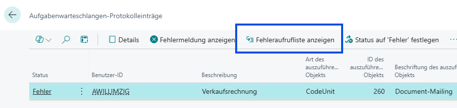 Protokolleinträge - Aktion „Fehleraufrufliste anzeigen"