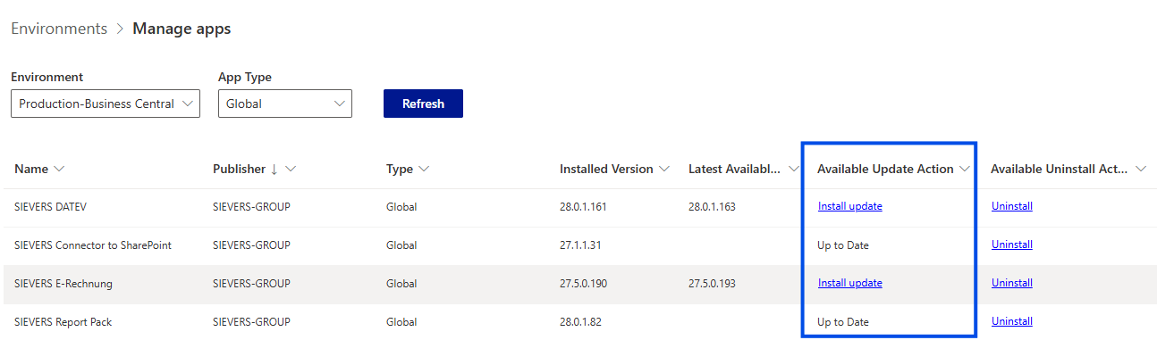 Manuelle Aktualisierung einer Erweiterung im Admin Center