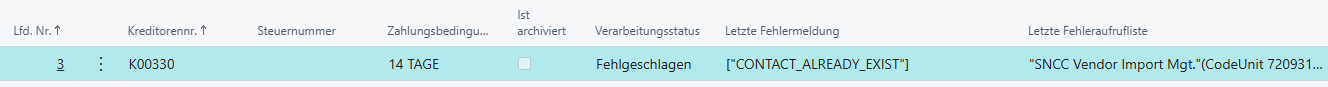 Fehlermeldung in der Transfertabelle