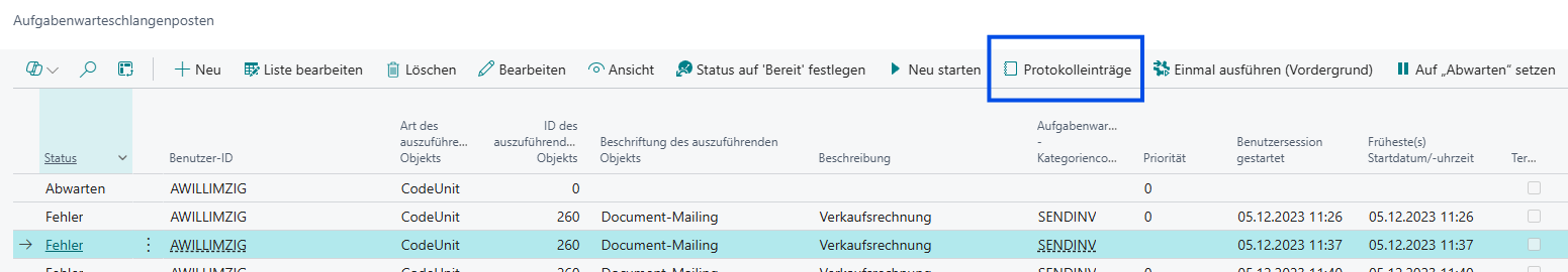Aufgabenwarteschlangenposten - Aktion „Protokolleinträge"