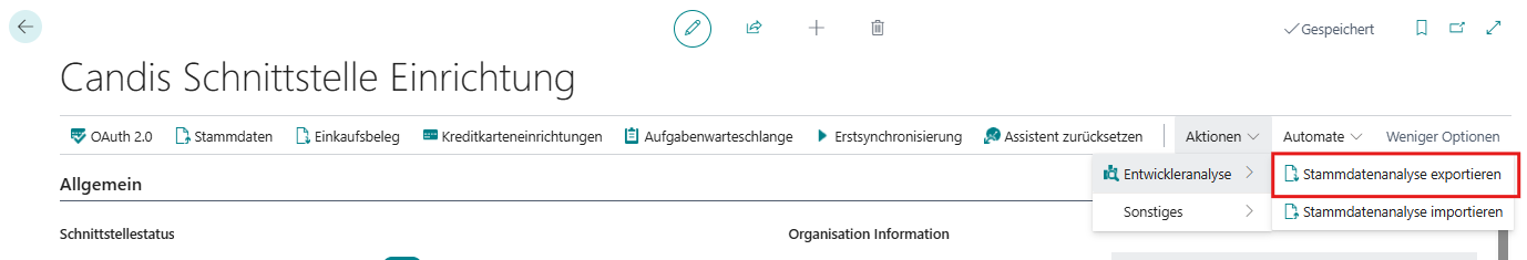 Platzhalter: Aktionsgruppe „Entwickleranalyse" mit Aktion „Stammdatenanalyse exportieren"