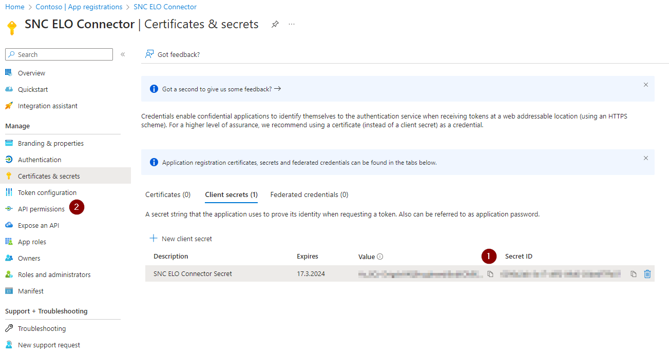 The API permissions (2) are on the left hand side.