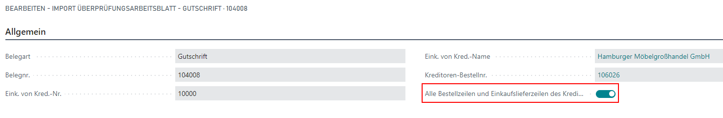 Alle Bestellzeilen und Einkaufslieferzeilen im Überprüfungsarbeitsblatt anzeigen