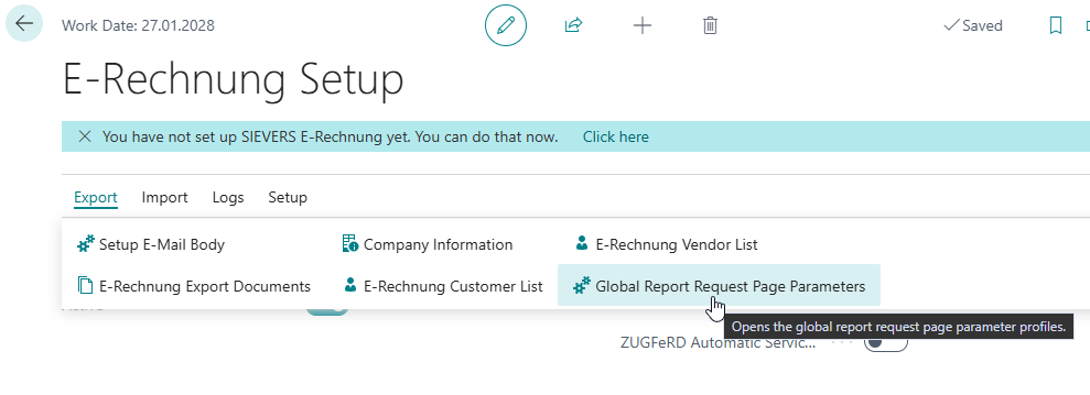 Report parameters on the setup page