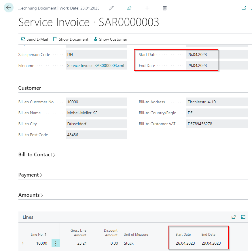 Start and end date in E-Rechnung document