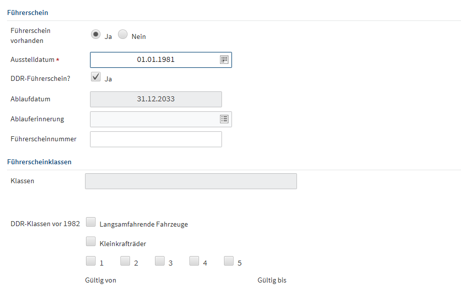 Handelt es sich um einen DDR-Führerschein, der vor 1982 ausgestellt wurde, werden die alten DDR-Führerscheinklassen angezeigt.