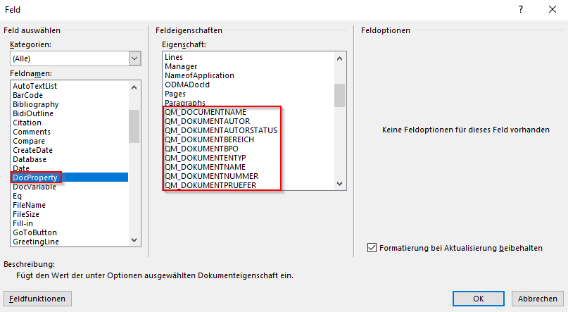 Hier finden Sie unter DocProperty die eingestellten Felder.