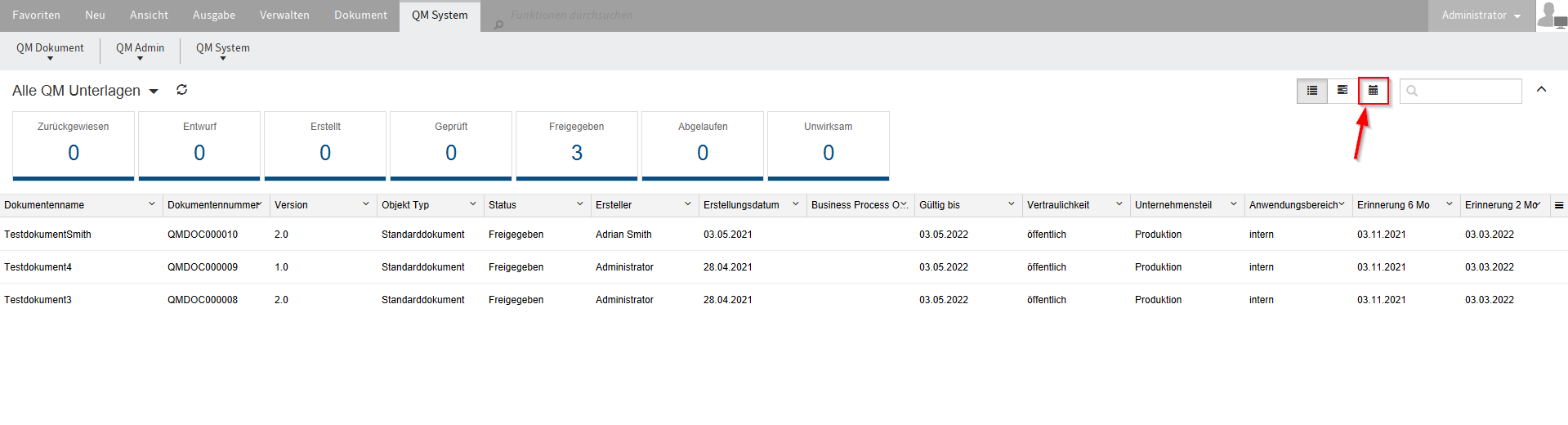 Über die Auswahl neben der Suche gelangen Sie zum Kalender