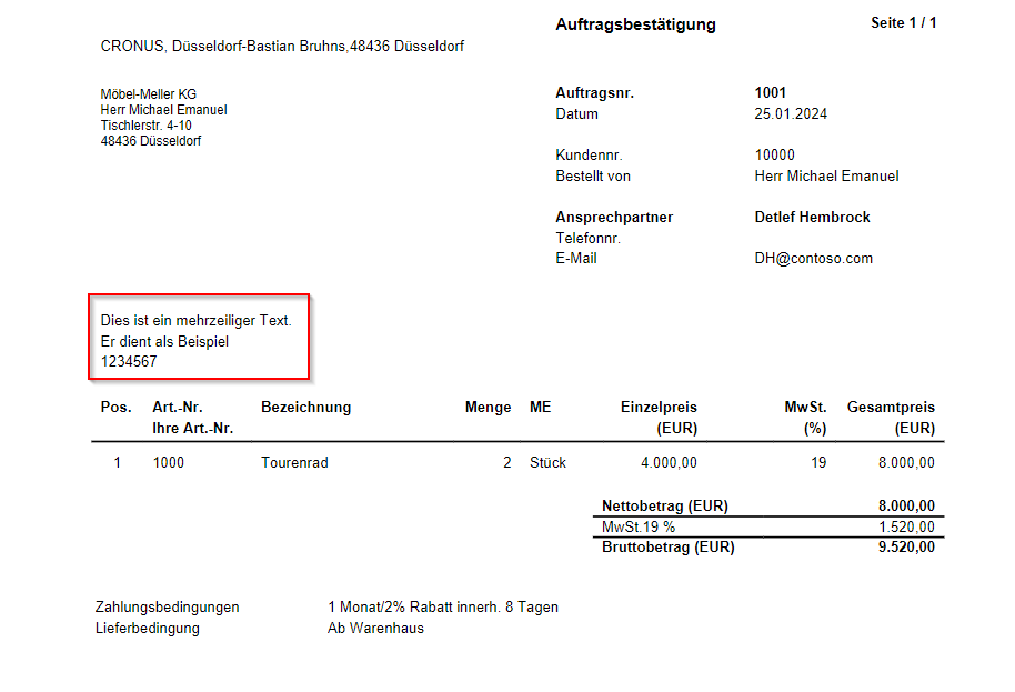 So sehen die vorhin erstellten Belegtexte in einem Bericht aus.