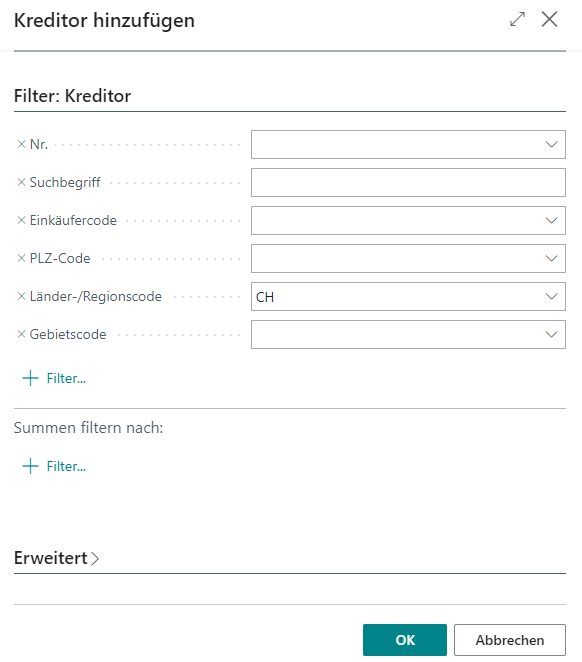 Auswahl der Kreditoren mit Länderkennzeichen CH