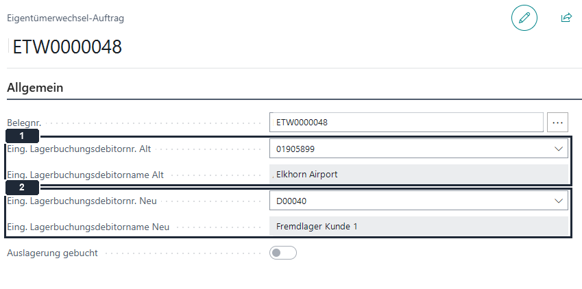Auftragskopf ETW0000048: Markierung 1 zeigt den bisherigen und 2 den neuen Einlagerdebitor