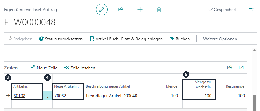 ETW0000048 nach der Beleganlage, Buchen ist verfügbar; Markierungen 3 bis 5 zeigen die Positionsfelder