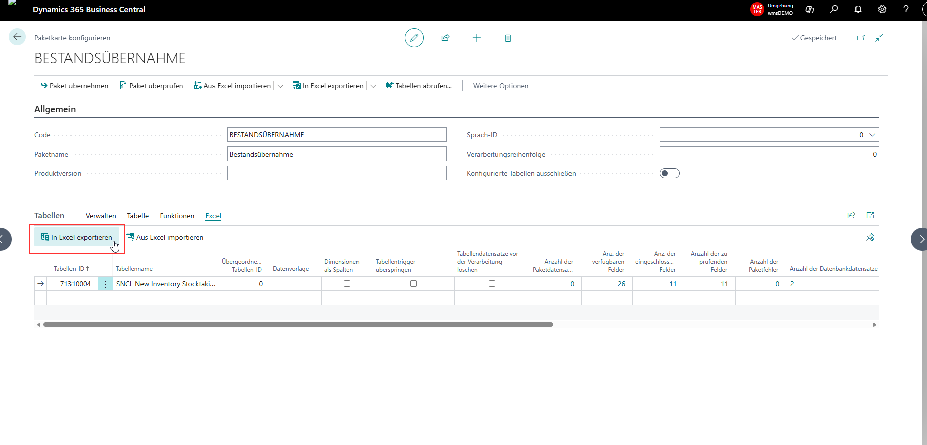 Excel-Export des Konfigurationspakets