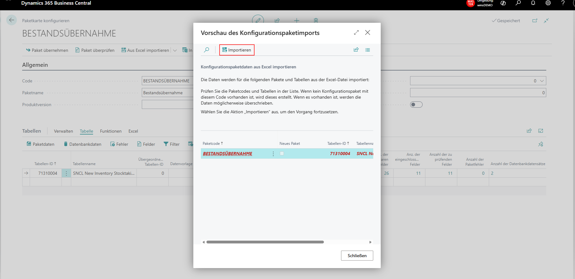Vorschau des Konfigurationspaketimports