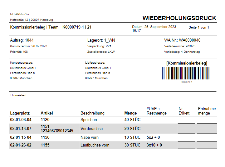 Wiederholungsdruck eines Kommissionierbelegs