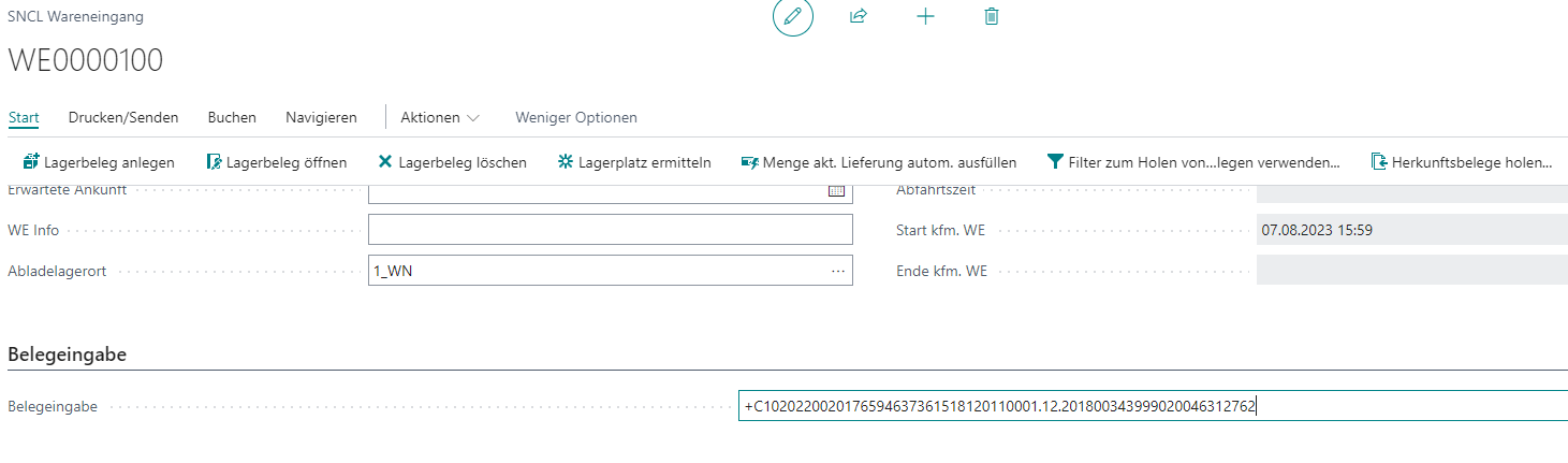 So sieht es aus, wenn der GS1-Barcode manuell in das Belegeingabe-Feld eingetragen wurde