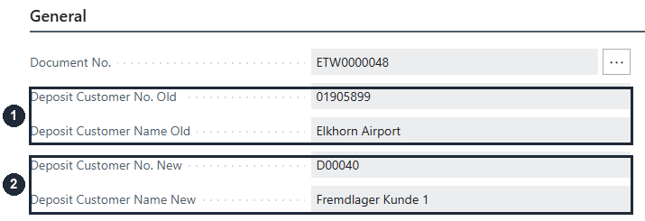 ETW0000048 order header: marker 1 identifies the old deposit customer and marker 2 the new deposit customer
