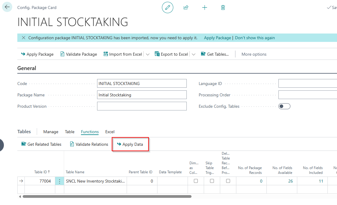 Apply data from the configuration package