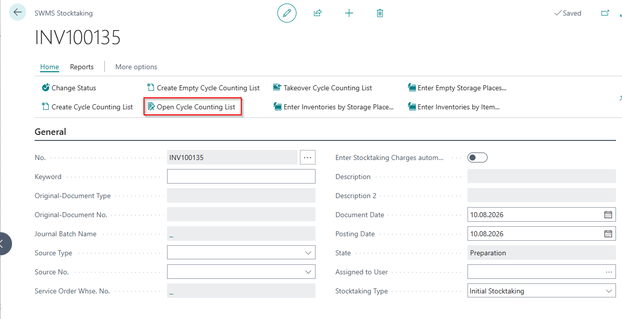 Open the cycle counting list from stocktaking