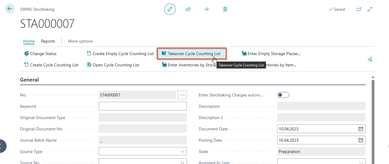 Transfer the cycle counting list to stocktaking