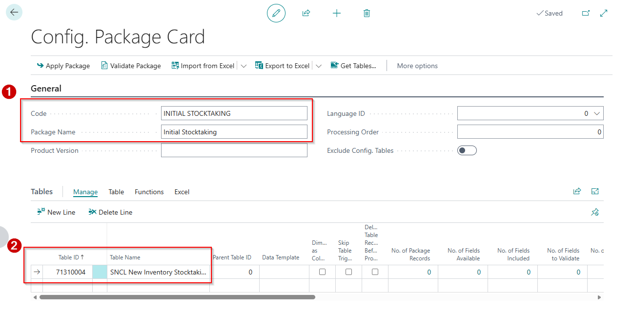 Configuration package for initial stocktaking