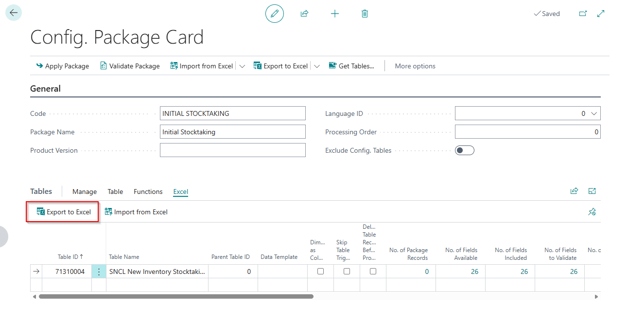 Export the configuration package to Excel