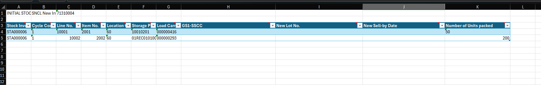 Excel template for the inventory data