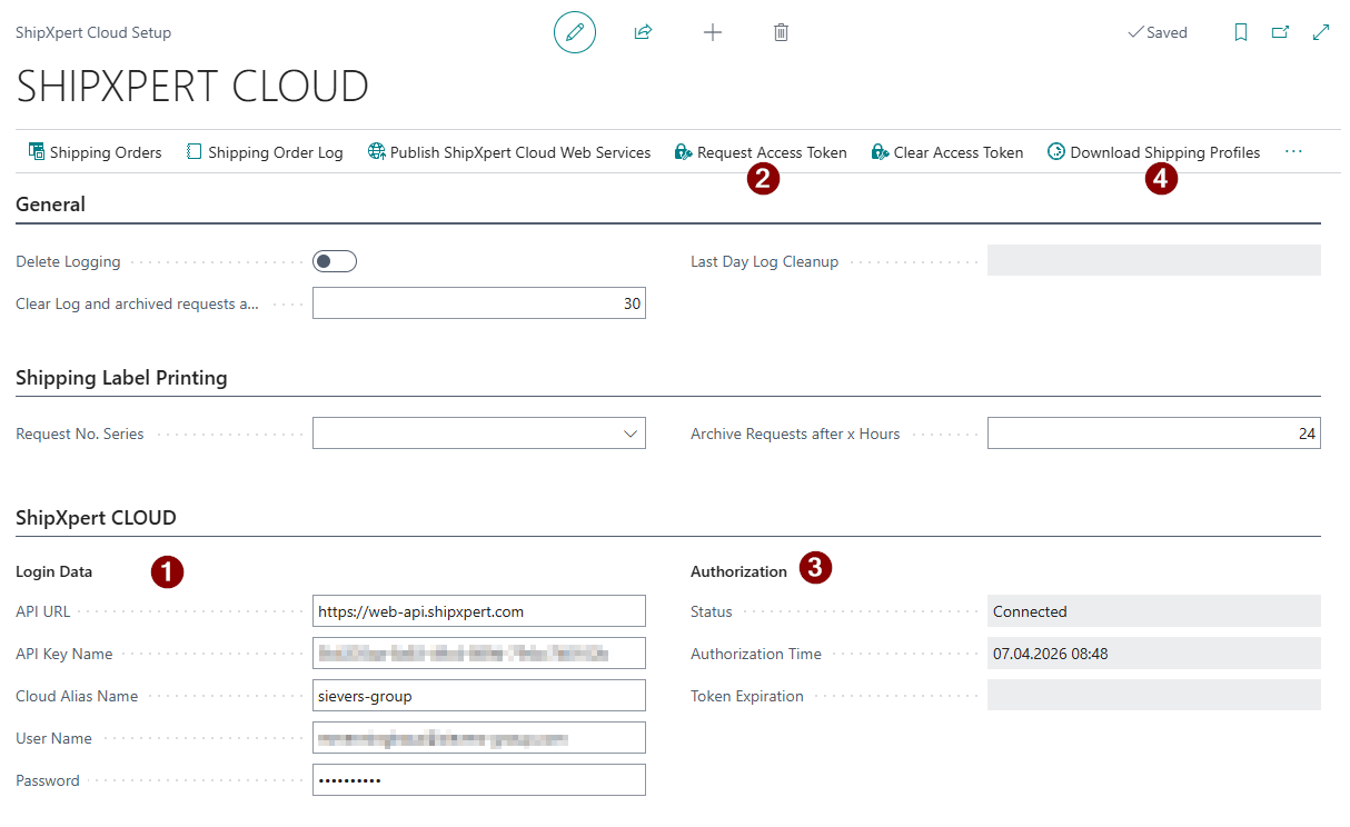 Entering login credentials, requesting the access token, and downloading shipping profiles