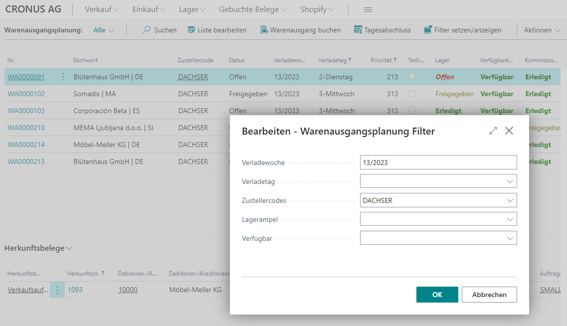 Example of a filter with the current loading week and the Shipping Agent Code DHL