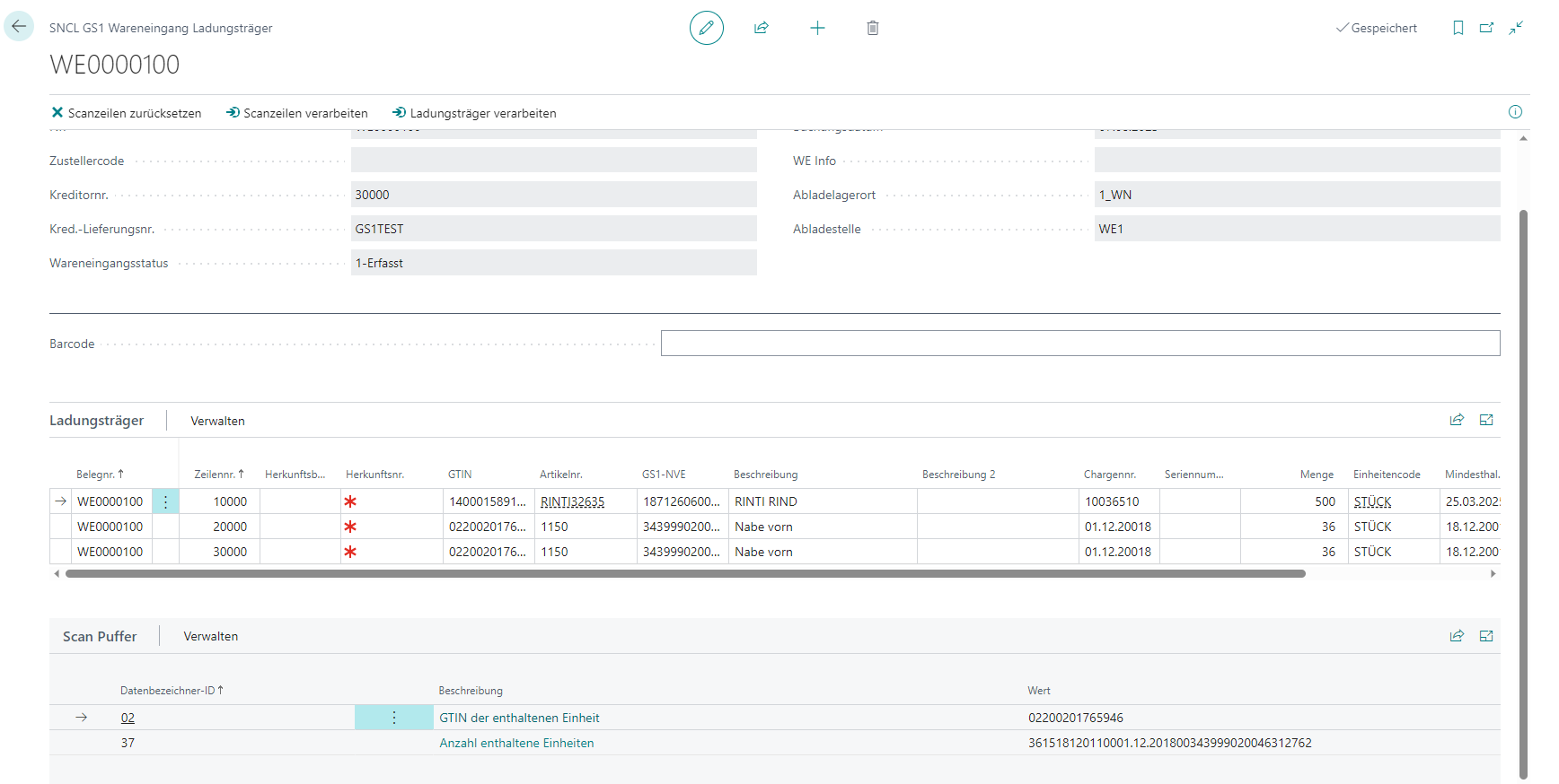 Load carriers entered with the GS1 barcode and the scan buffer below