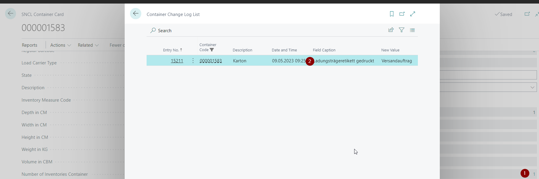 Example of missing translation on the Load Carrier Change Log