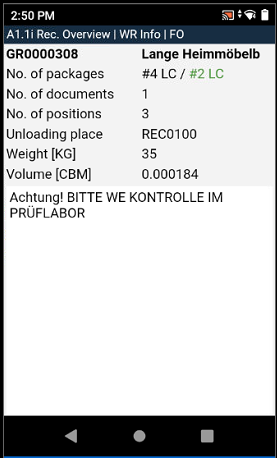 Example of the A1.1i page with correct weight, volume and the Warehouse Receipt Info