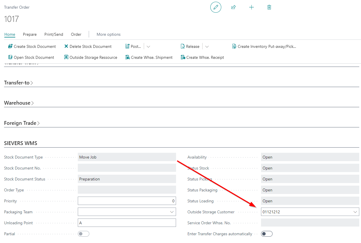 Here you can enter the outside storage customer