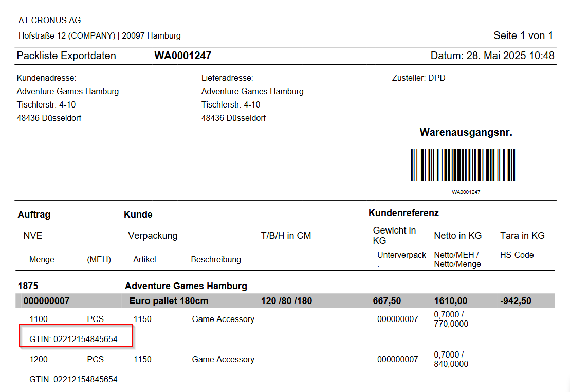 GTIN Packliste Exportdaten