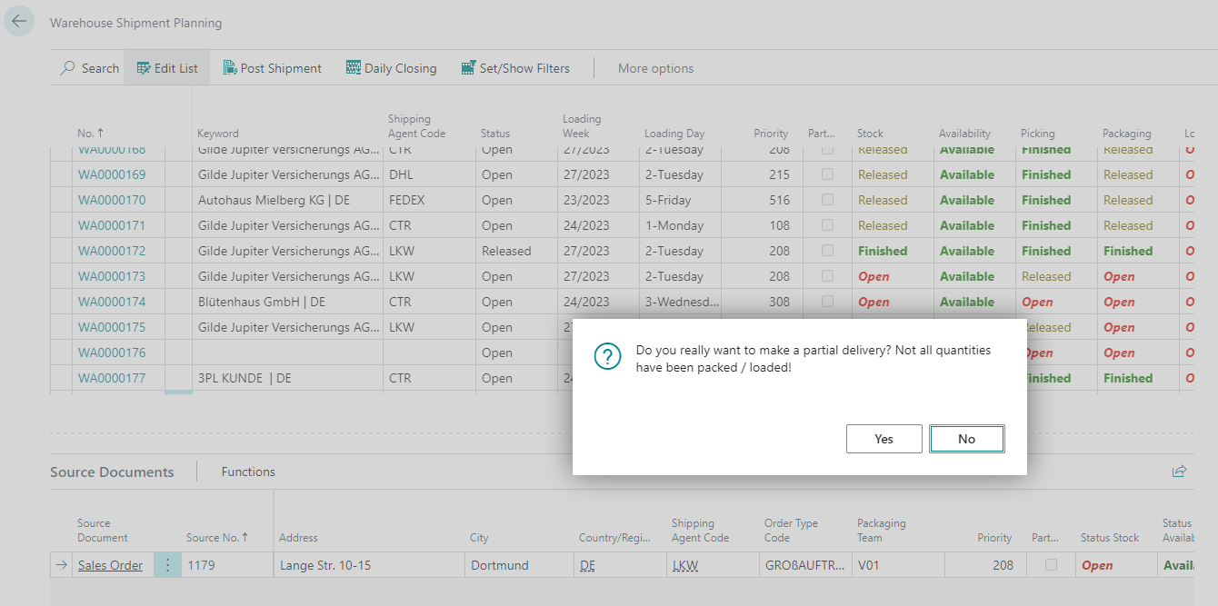 Example of the partial delivery message