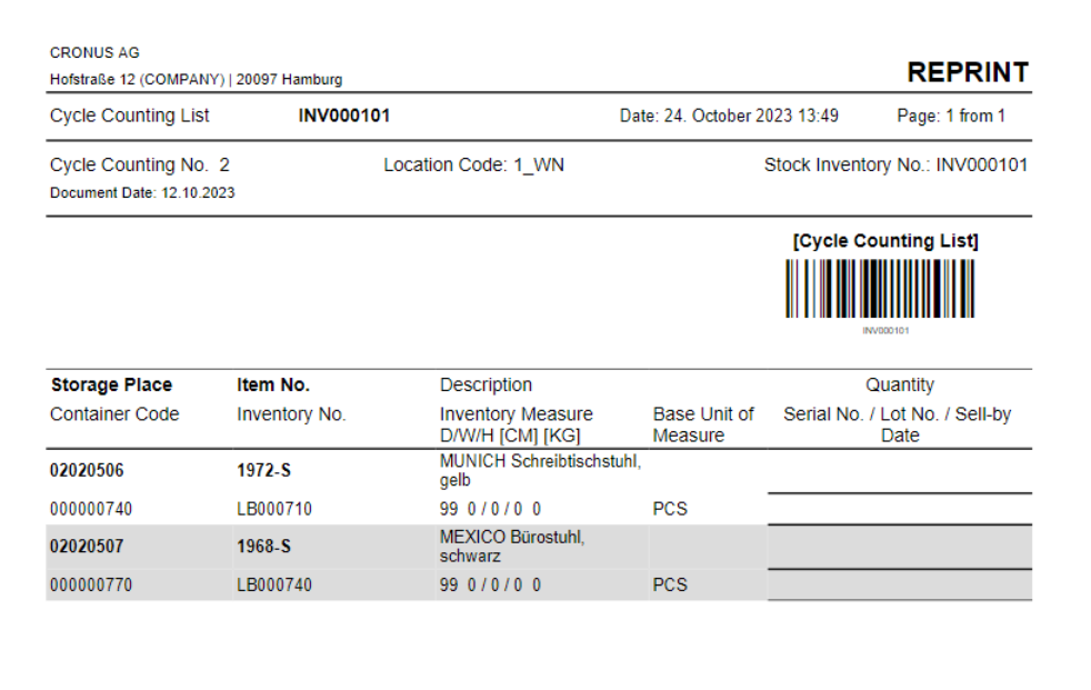 Example of a printed cycle counting list