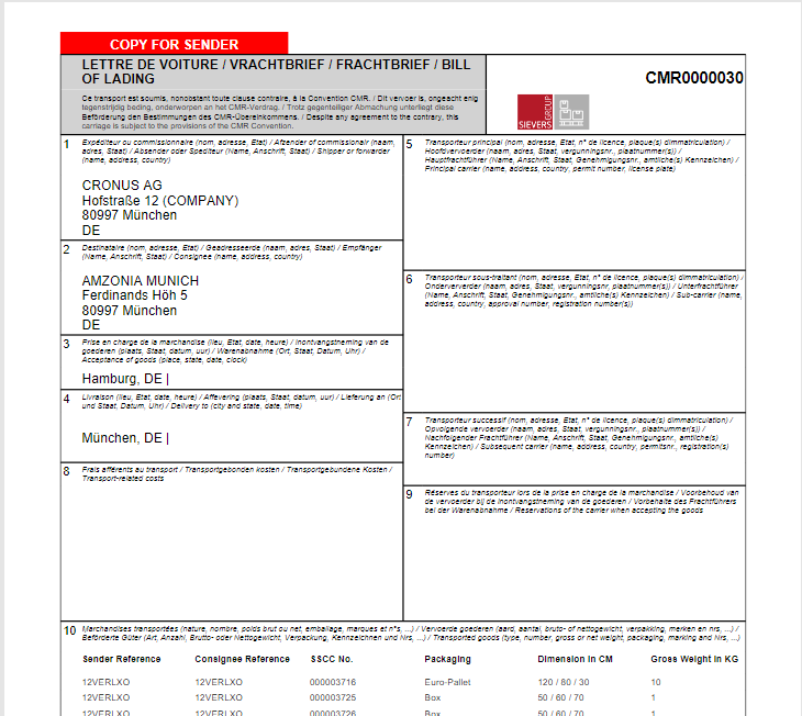 Example of a bill of lading