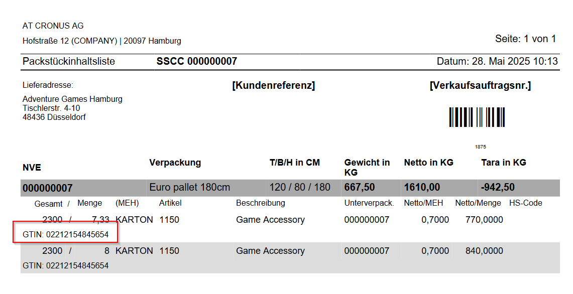 GTIN on the package content list