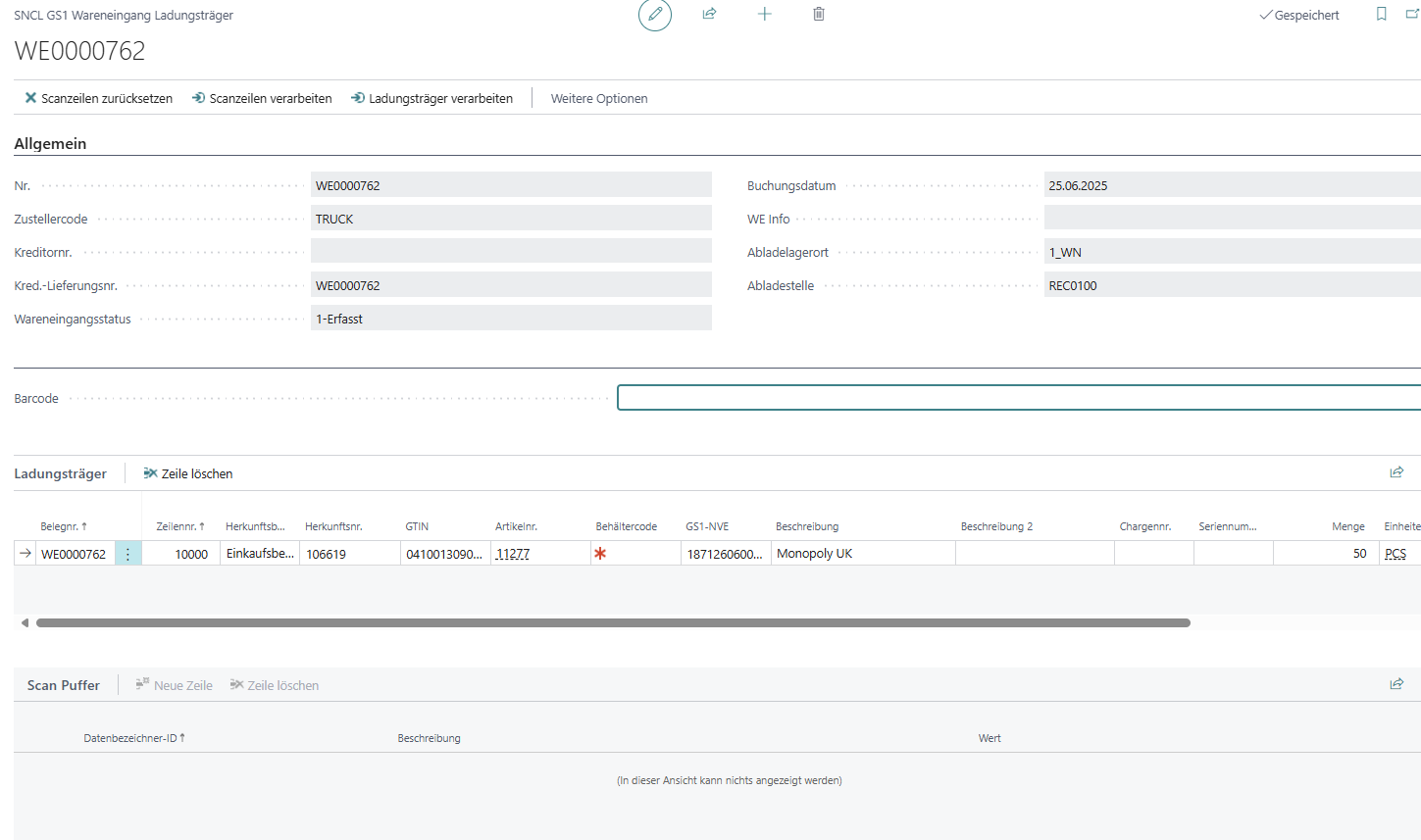 Example of a document-oriented warehouse receipt without vendor number.